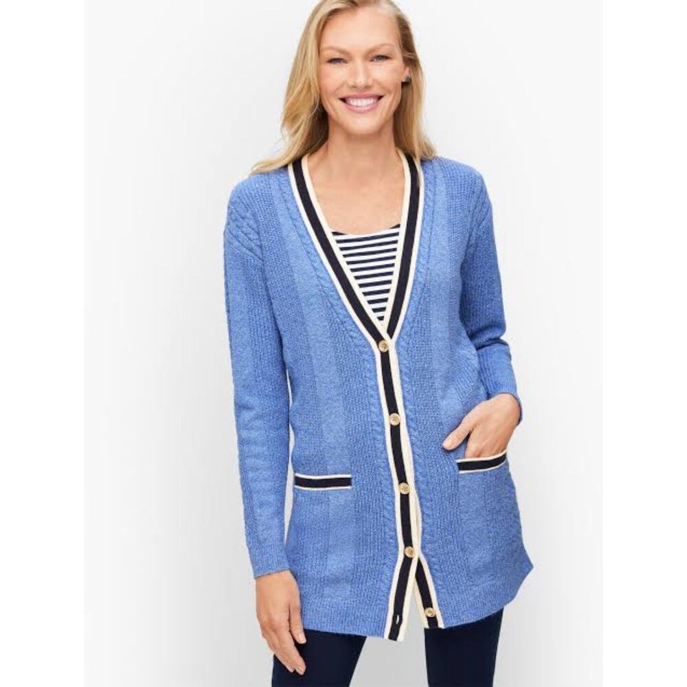 Talbots Cable Knit Cardigan Sweater Tipped Long Line Preppy Coastal Size XL NWT